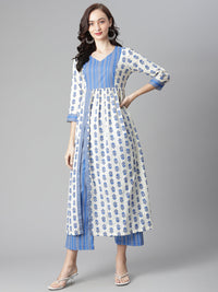 Thumbnail for NOZ2TOZ Women's Off-White-Blue Cotton Printed Front Slit A-Line Kurta with Palazzo - Distacart