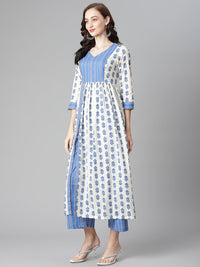 Thumbnail for NOZ2TOZ Women's Off-White-Blue Cotton Printed Front Slit A-Line Kurta with Palazzo - Distacart