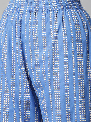 NOZ2TOZ Women's Off-White-Blue Cotton Printed Front Slit A-Line Kurta with Palazzo - Distacart