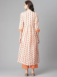 Thumbnail for NOZ2TOZ Women's Off-White-Orange Cotton Printed Front Slit A-Line Kurta with Palazzo - Distacart