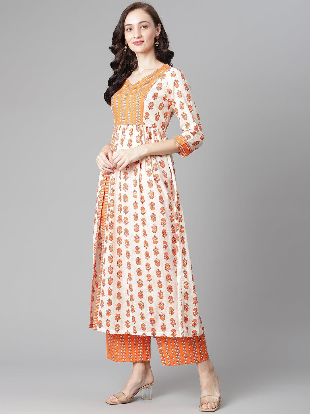 NOZ2TOZ Women's Off-White-Orange Cotton Printed Front Slit A-Line Kurta with Palazzo - Distacart