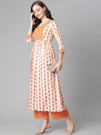 Thumbnail for NOZ2TOZ Women's Off-White-Orange Cotton Printed Front Slit A-Line Kurta with Palazzo - Distacart