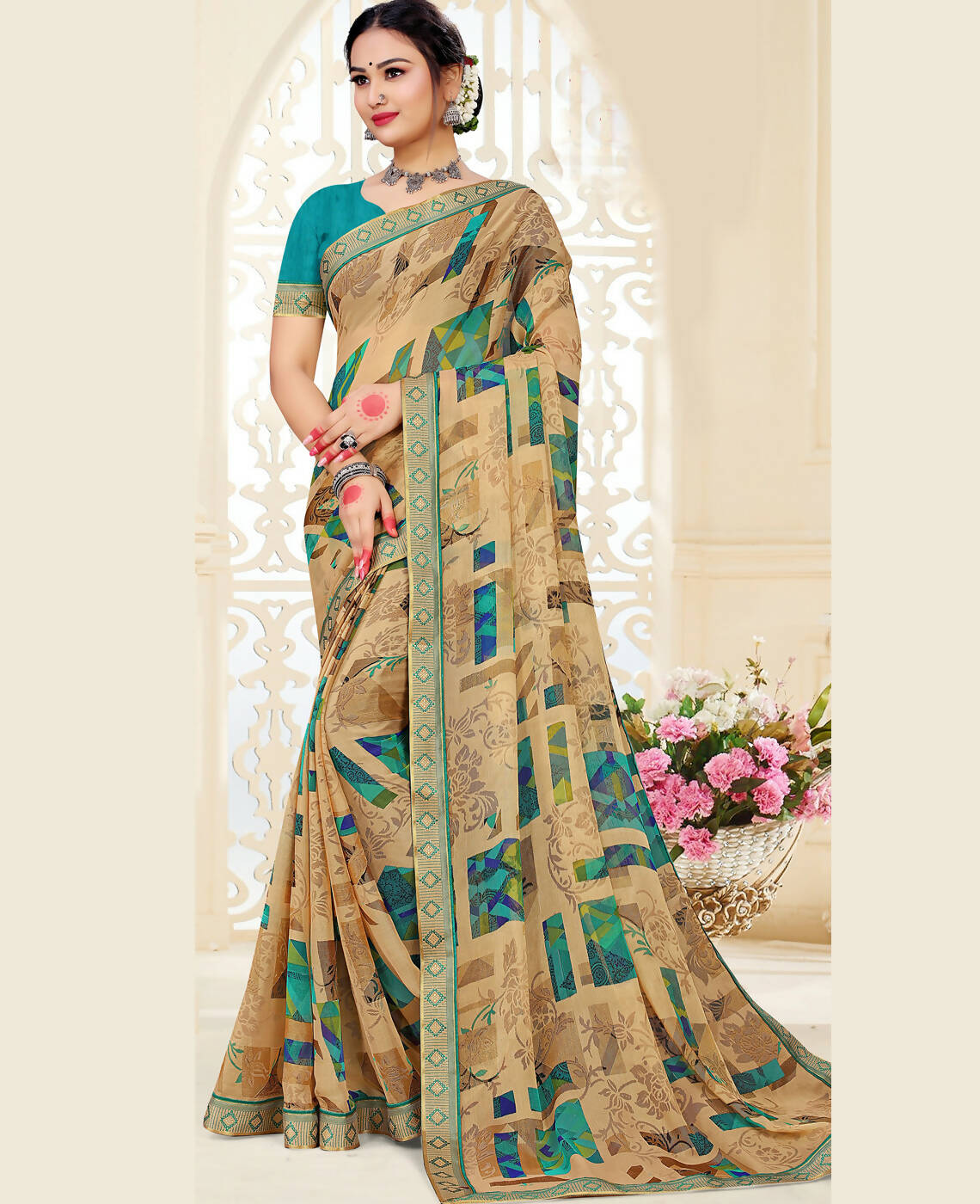 Beige Chiffon Brasso Printed Saree With Unstitched Blouse Piece - Jyoti - Distacart