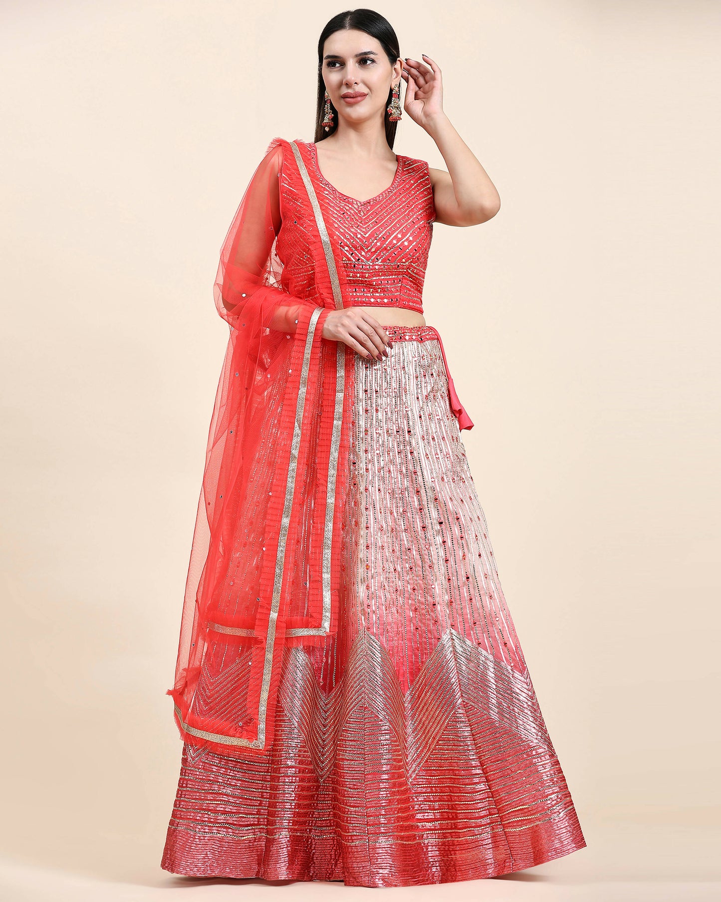Red Organza Mirror With Coding Work Lehenga Choli with Dupatta - Tanya - Distacart