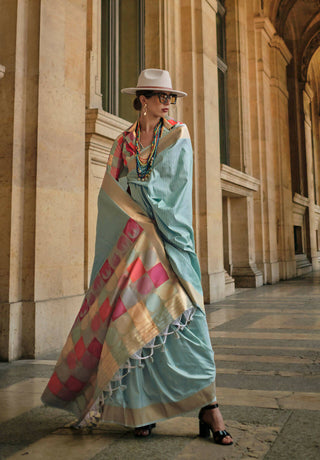 Sky Bluesoft Handloom Sik Zari & Thread Work, Contrast Pallu Saree - Rajtex Kube Silk - Distacart