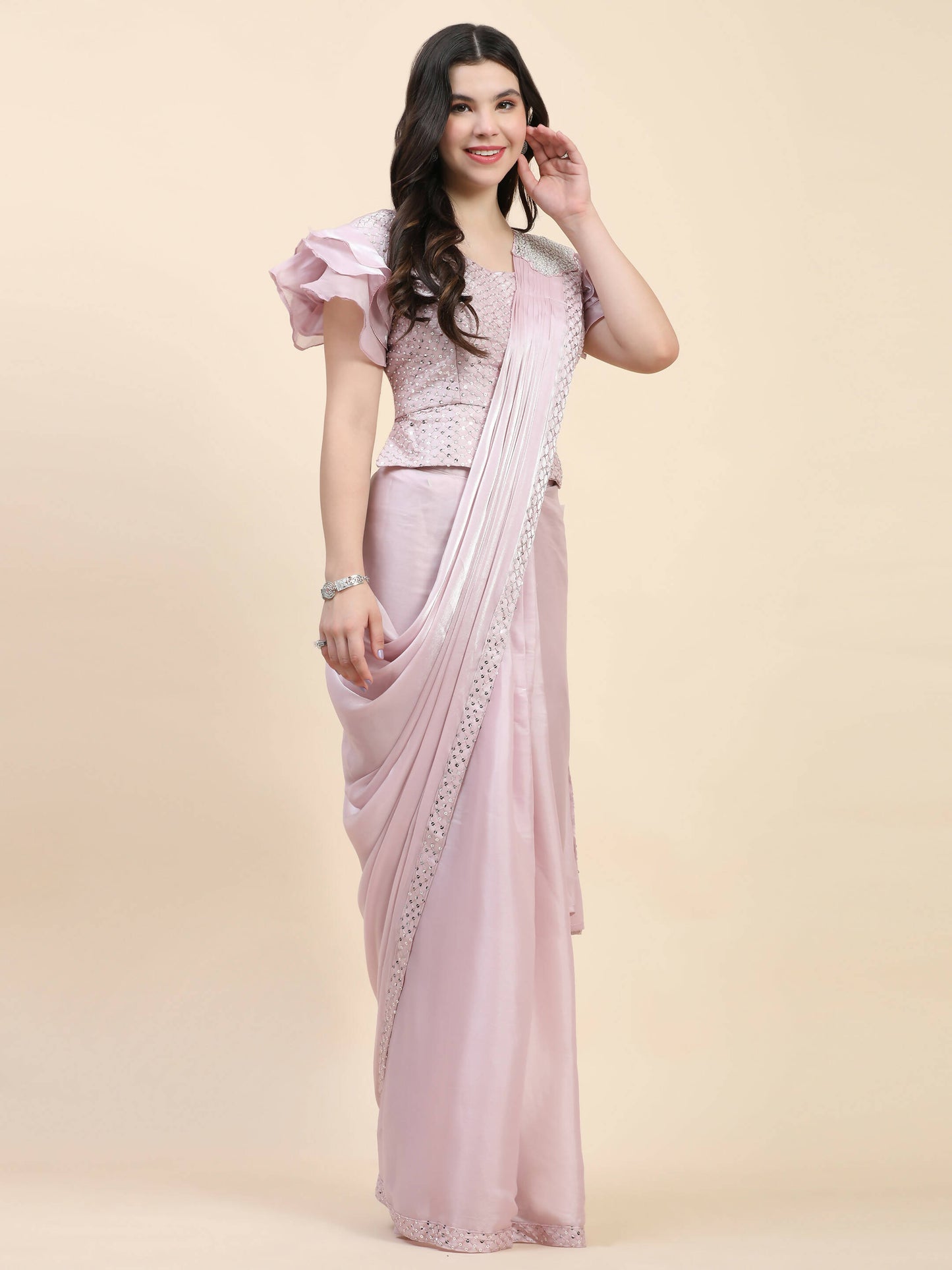 Light Pink Silk Satin Sequence Work Ready to Wear Saree with stitched Blouse - Nirvana - Distacart