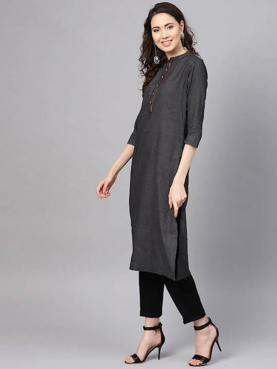 Myshka Women Black & White Striped Straight Kurta - Distacart