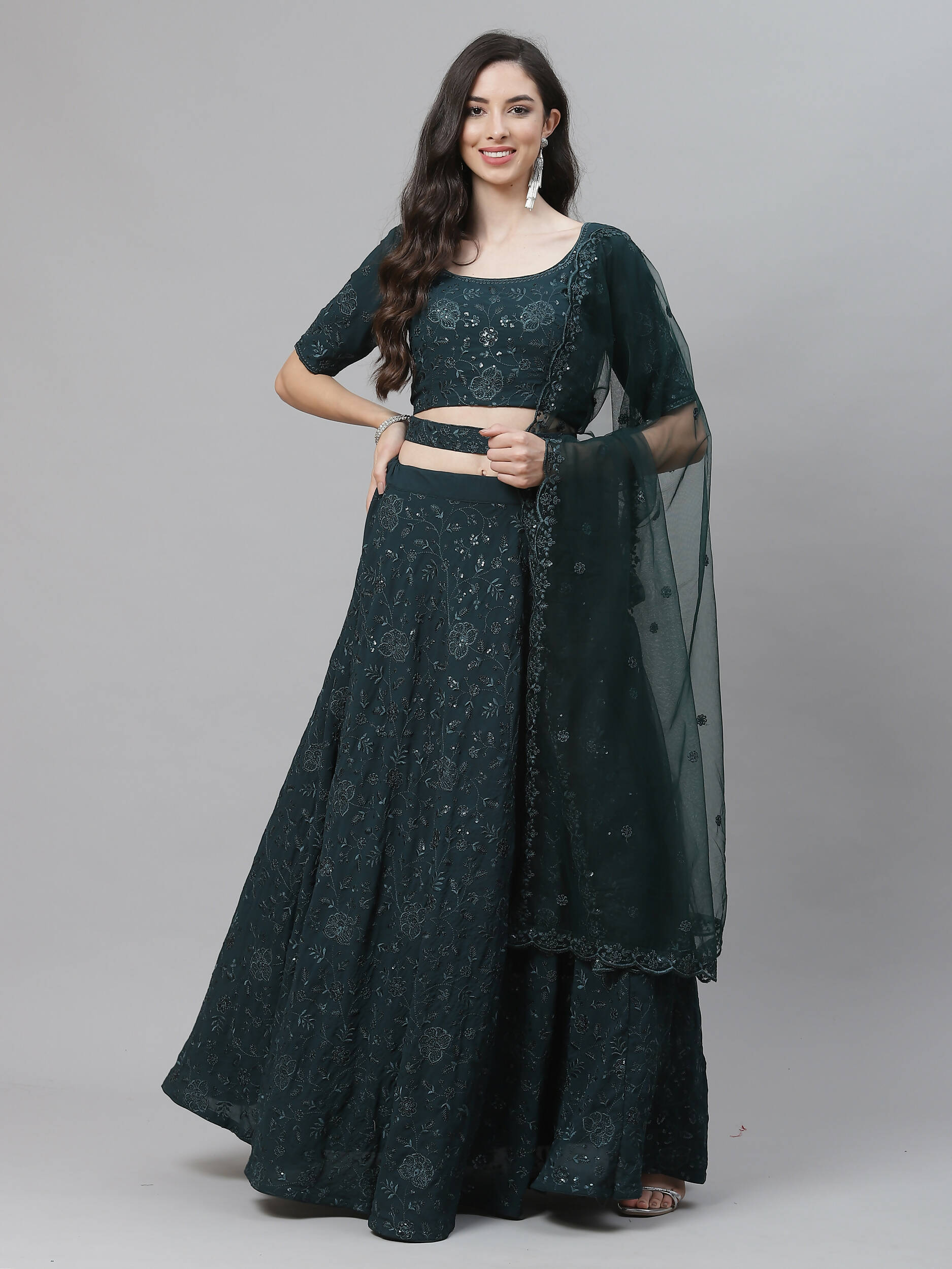 Green Georgette Thread with Sequins Embroidery Work Lehenga Choli with Dupatta - Jivika - Distacart