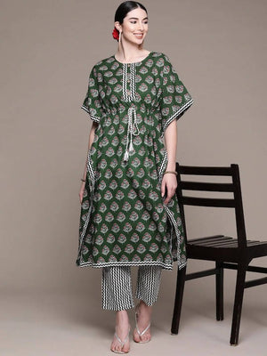 Anubhutee Green Floral Printed Pure Cotton Kurta with Trousers - Distacart