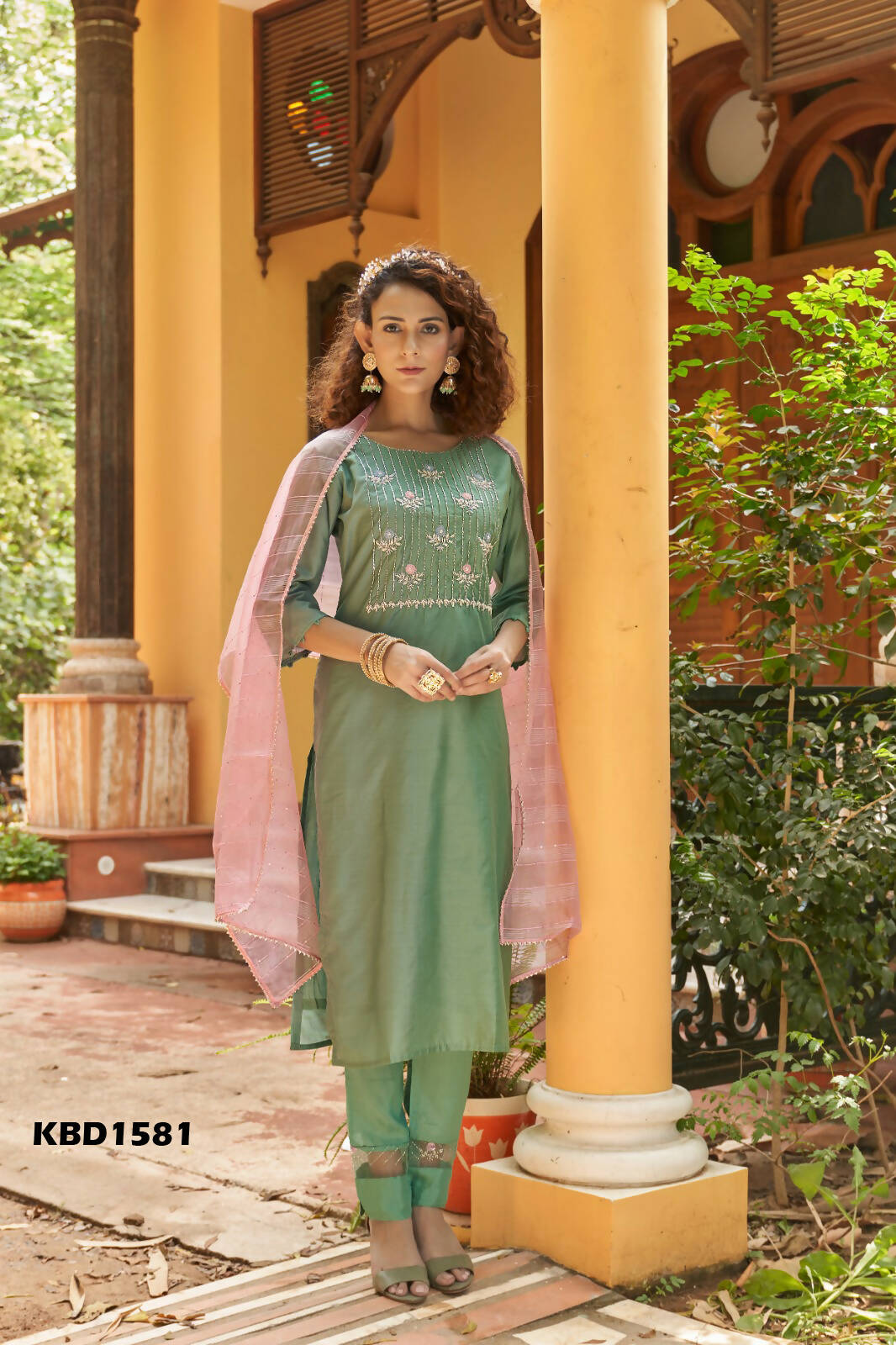 Green Chinon Embroidered Kurta and Bottom with Dupatta - Akashara - Distacart