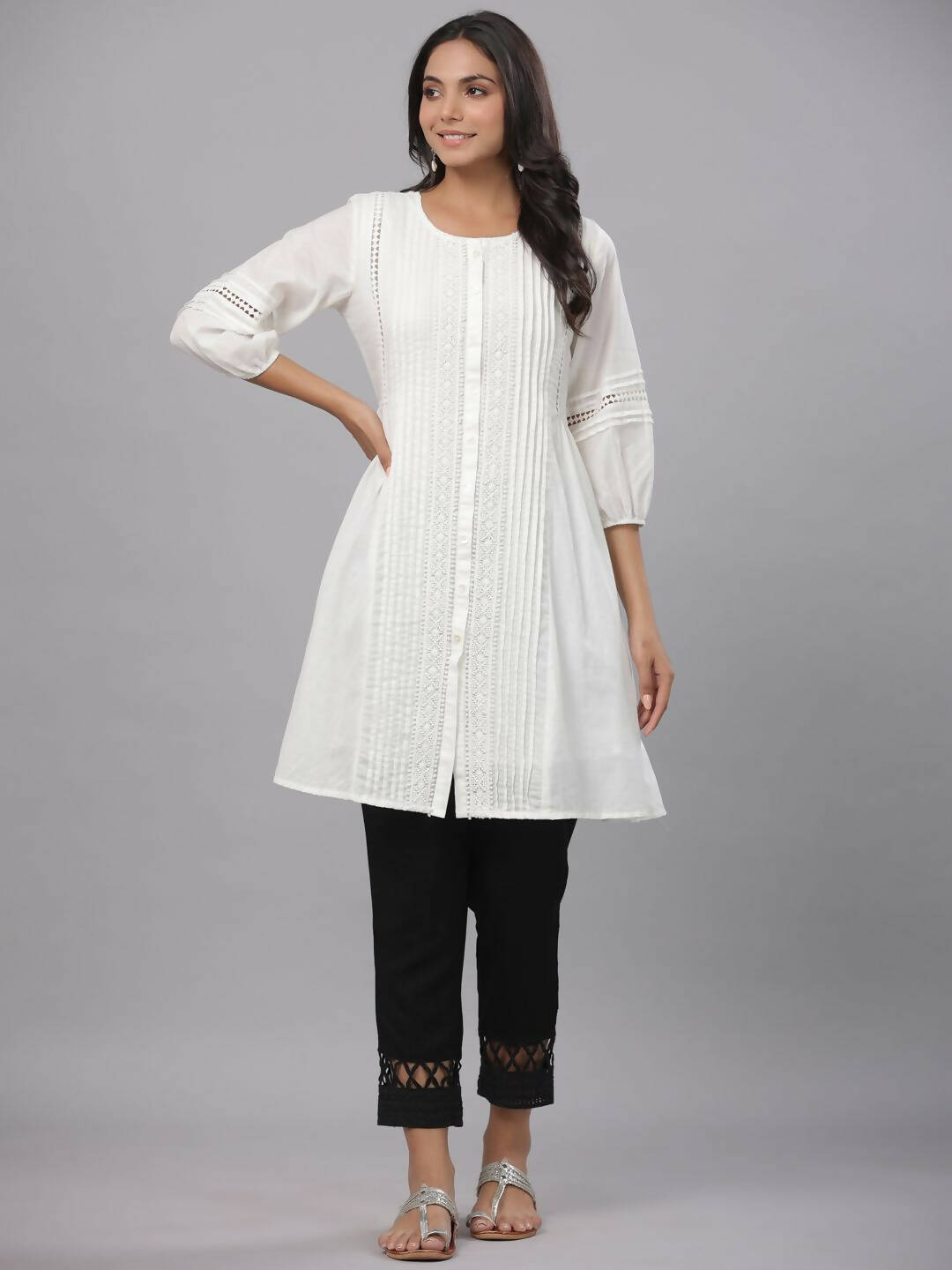 Juniper Women's White Cotton Silk Solid A-Line Kurta - Distacart
