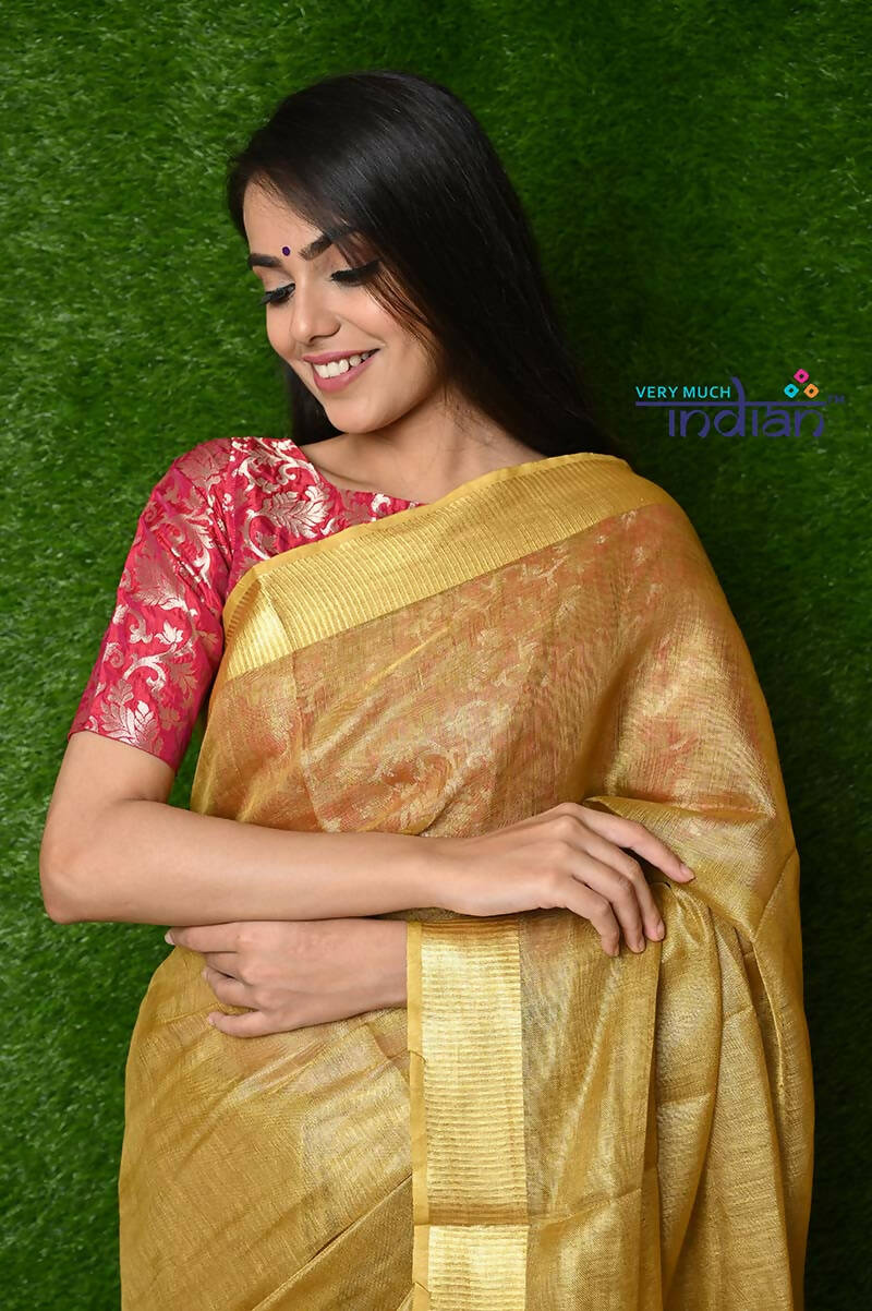 Very Much Indian Pure Handwoven Organic Tissue Linen Saree - Golden Colour - Distacart