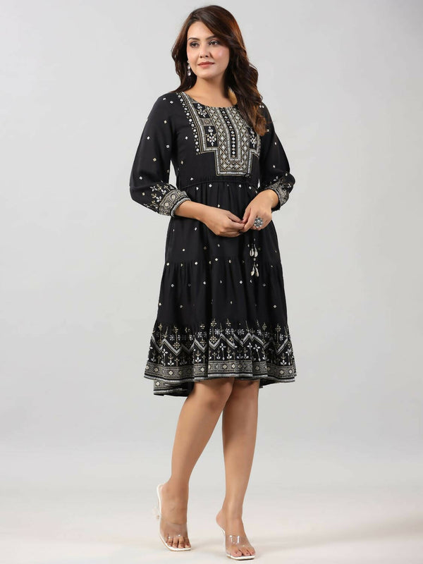 Juniper Women Black Rayon Printed Short Tiered Dress - Distacart