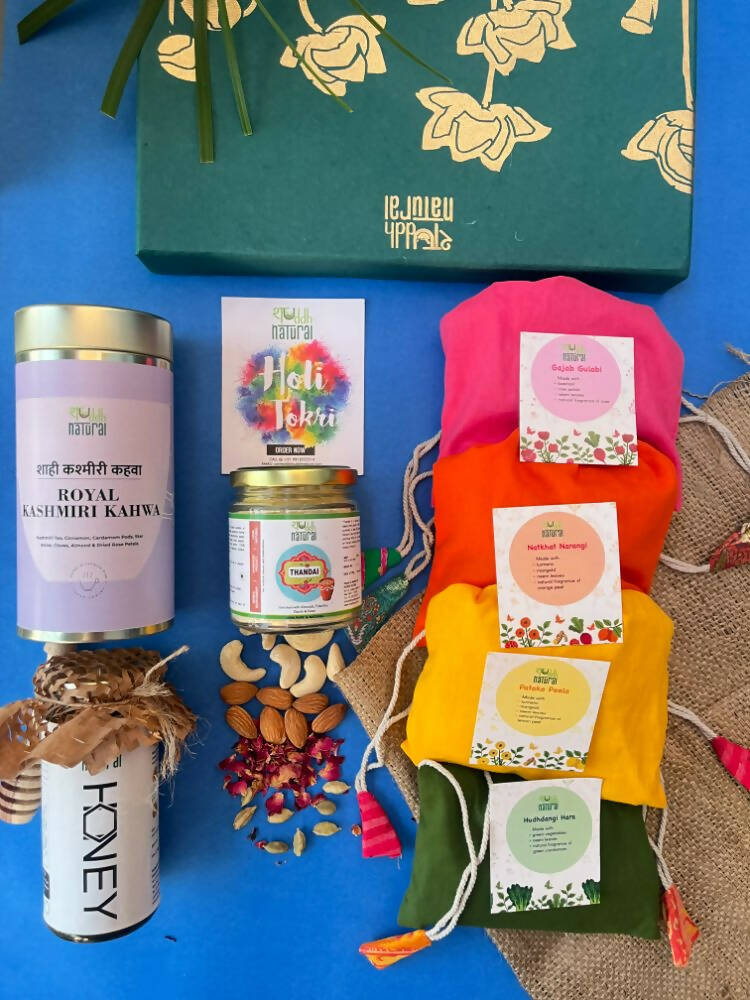 Shuddh Natural Ubtan Based Herbal Gulal | Ayurvedic Thandai Powder |Kashmiri Kahwa |Natural Honey | Holi Gift Hamper - Distacart