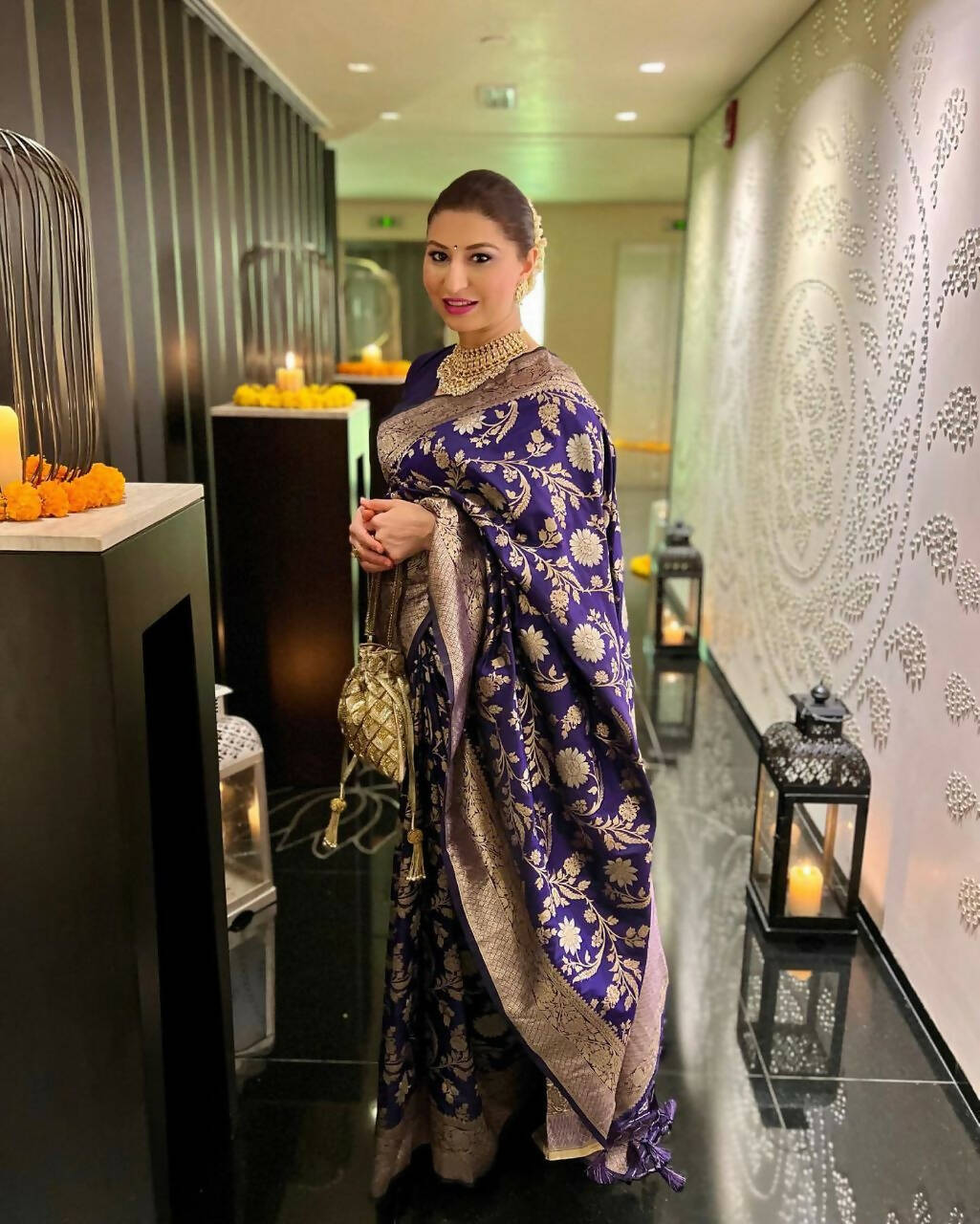 DEIANA'S Beautiful Golden Jari with New Design Soft Lichi Silk Saree - Blue - Distacart