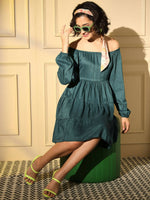 Thumbnail for Teal Viscose Solid Design Flared Dress - Shivani - Distacart