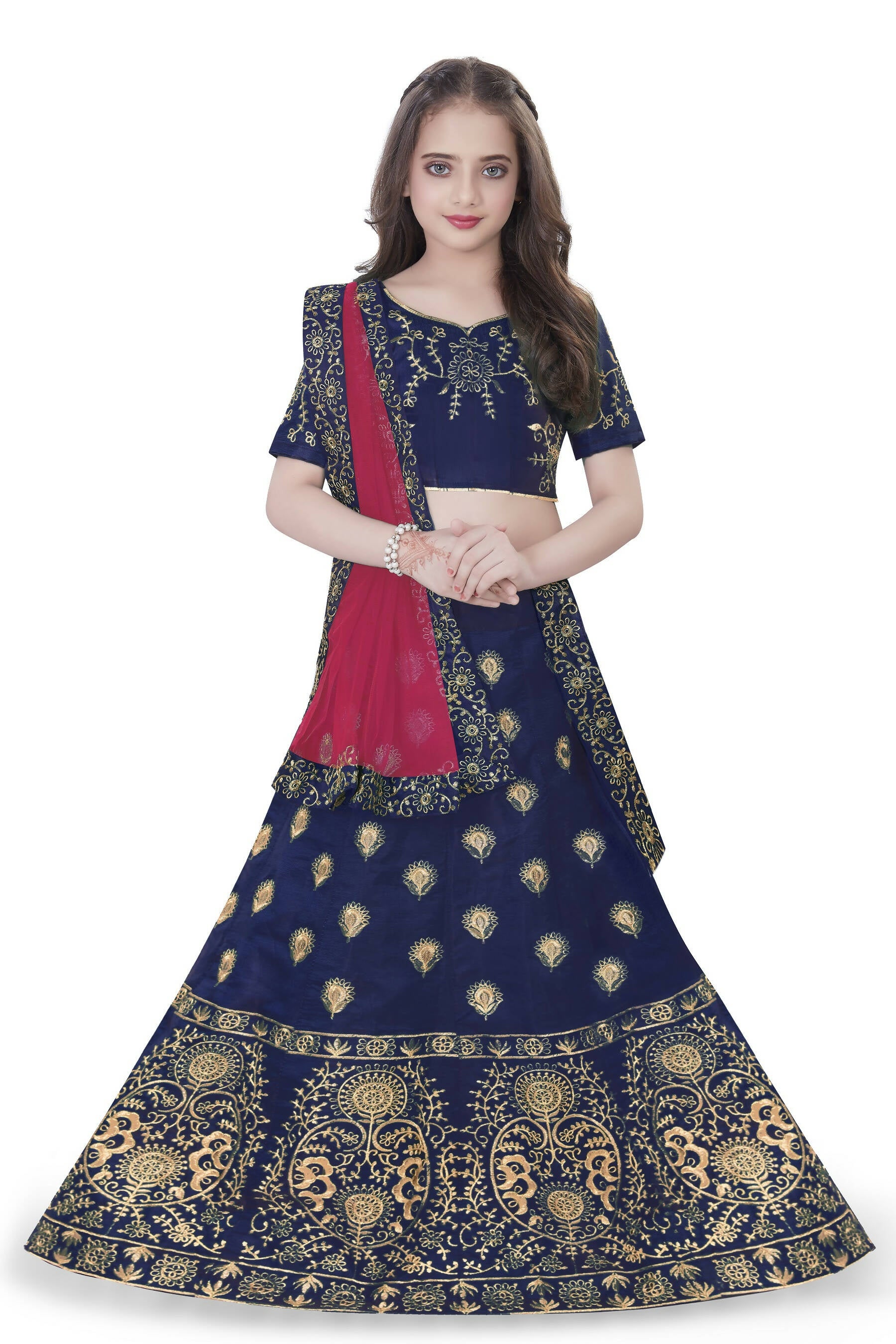 Dwiden Navy Blue Gulab Tafetta Sattin Semi-Stitched Girl's Lehenga Choli - Distacart
