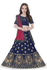 Thumbnail for Dwiden Navy Blue Gulab Tafetta Sattin Semi-Stitched Girl's Lehenga Choli - Distacart