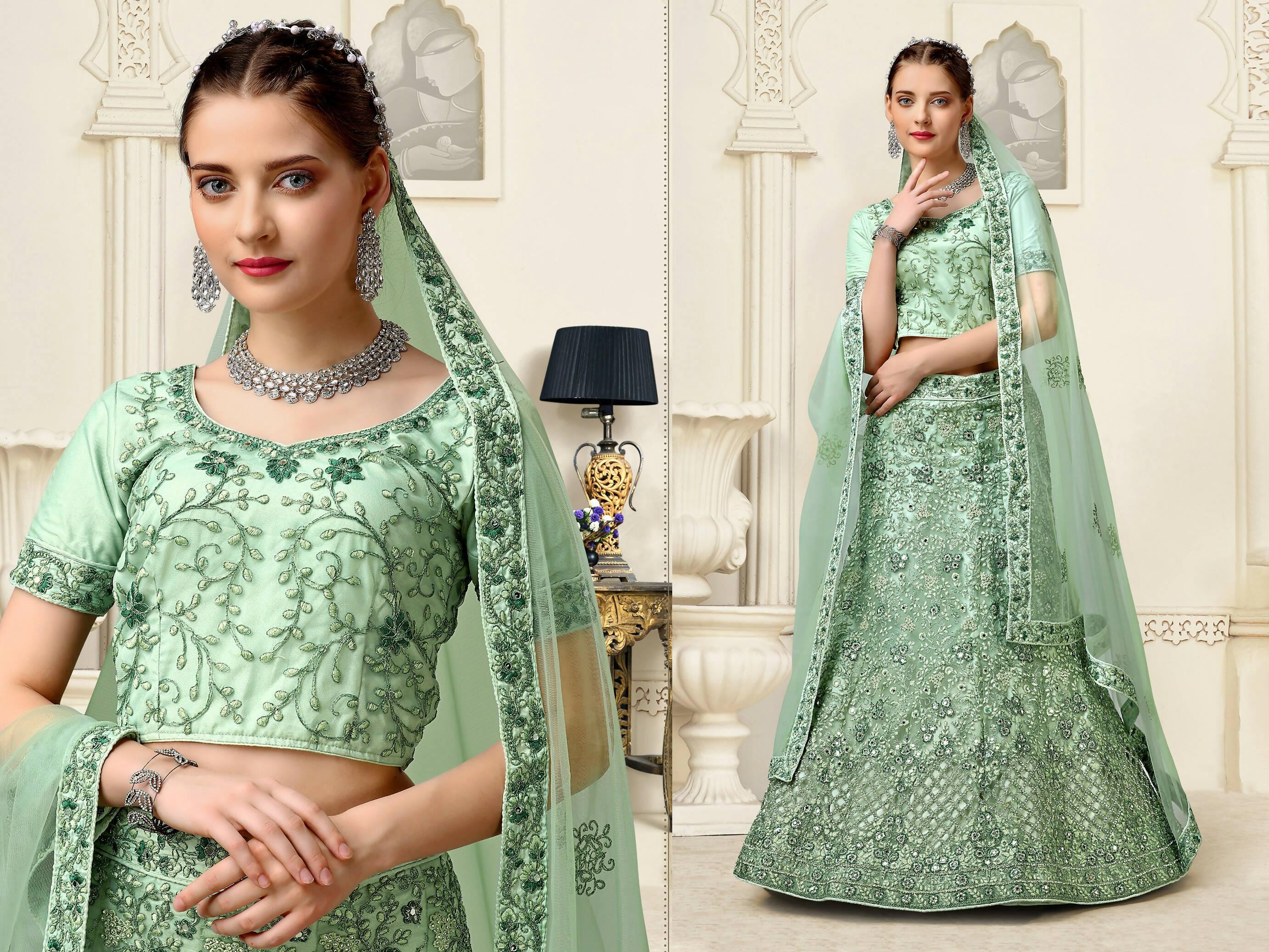 Sea Green Net Fancy Zari Embroidered work Lehenga Choli with Dupatta - Heer - Distacart