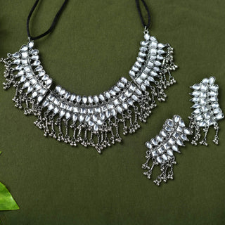 Mominos Fashion Johar Kamal Oxidised Silver-Plated Brass Finish Kundan Necklace For Women (Silver) - Distacart