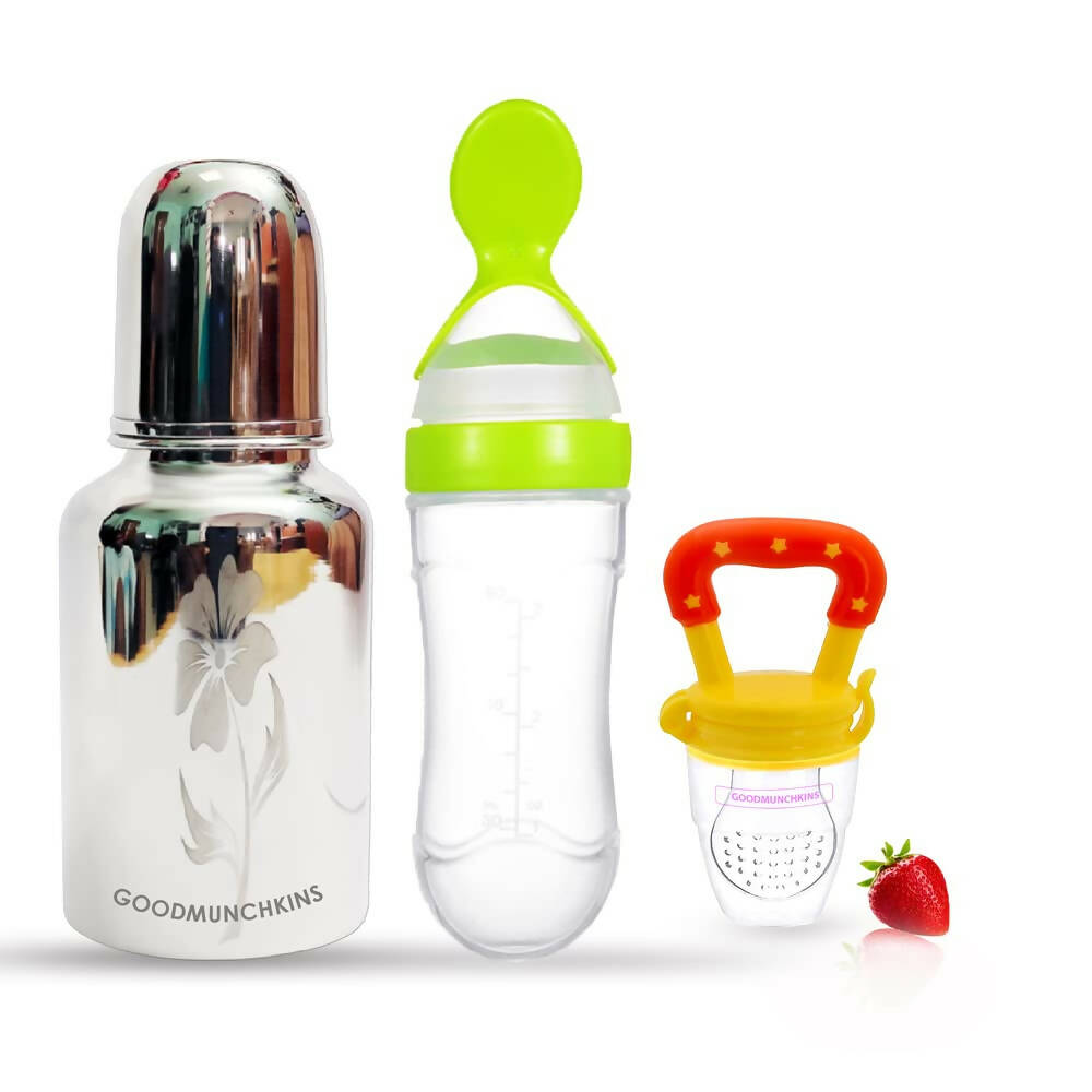 Goodmunchkins Stainless Steel Feeding Bottle, Food Feeder & Fruit Feeder Combo for Baby-(Green-Yellow, 300ml) - Distacart