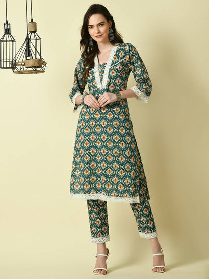 Myshka Women's Green Straight Kurta & Trousers - Distacart
