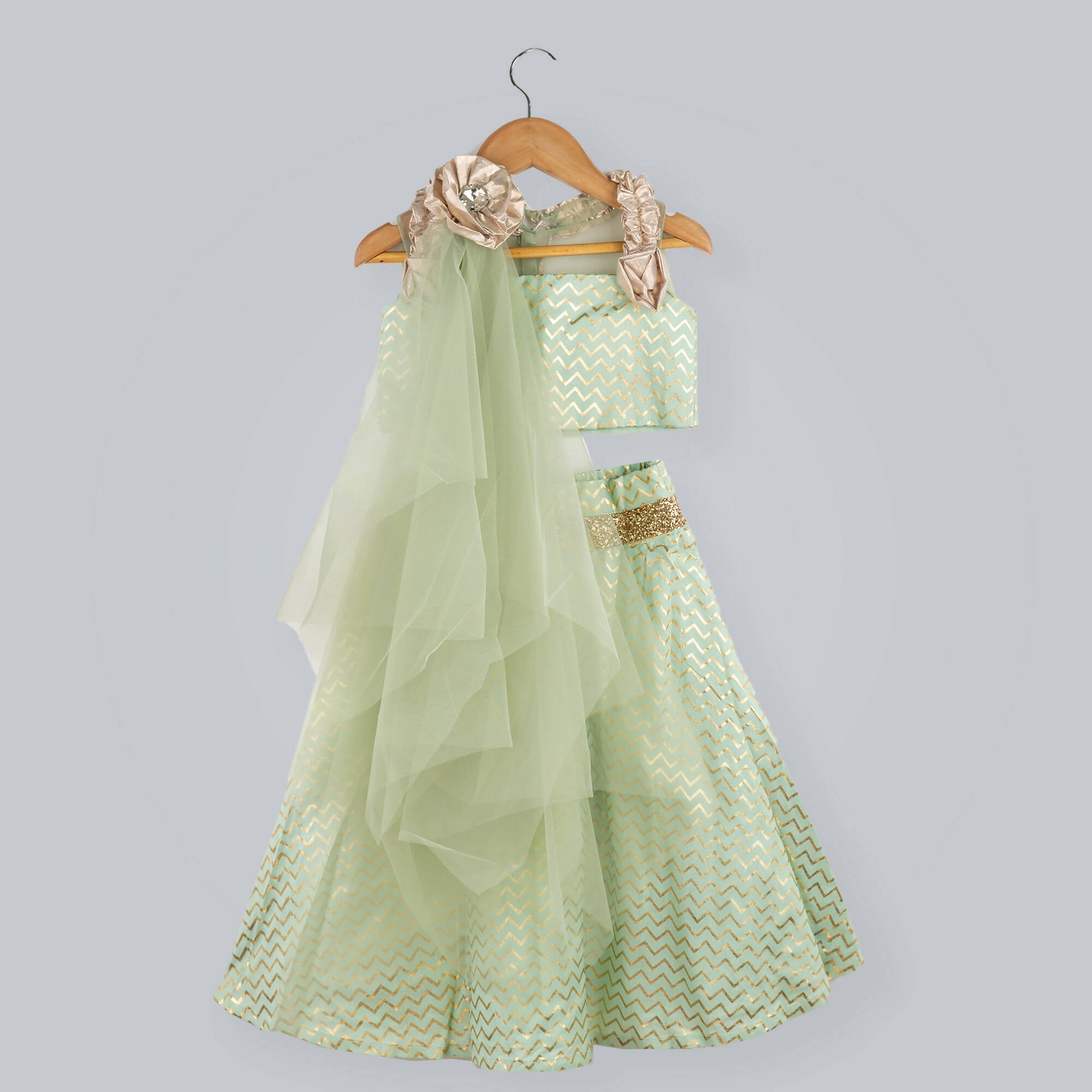 Pink Cow Fashions Zig-Zag Printed Ghagra Choli With Frill Strips - Distacart