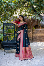 Thumbnail for Vishnu Weaves Women's Black Tussar Silk Zari Woven Saree with Blouse - Distacart