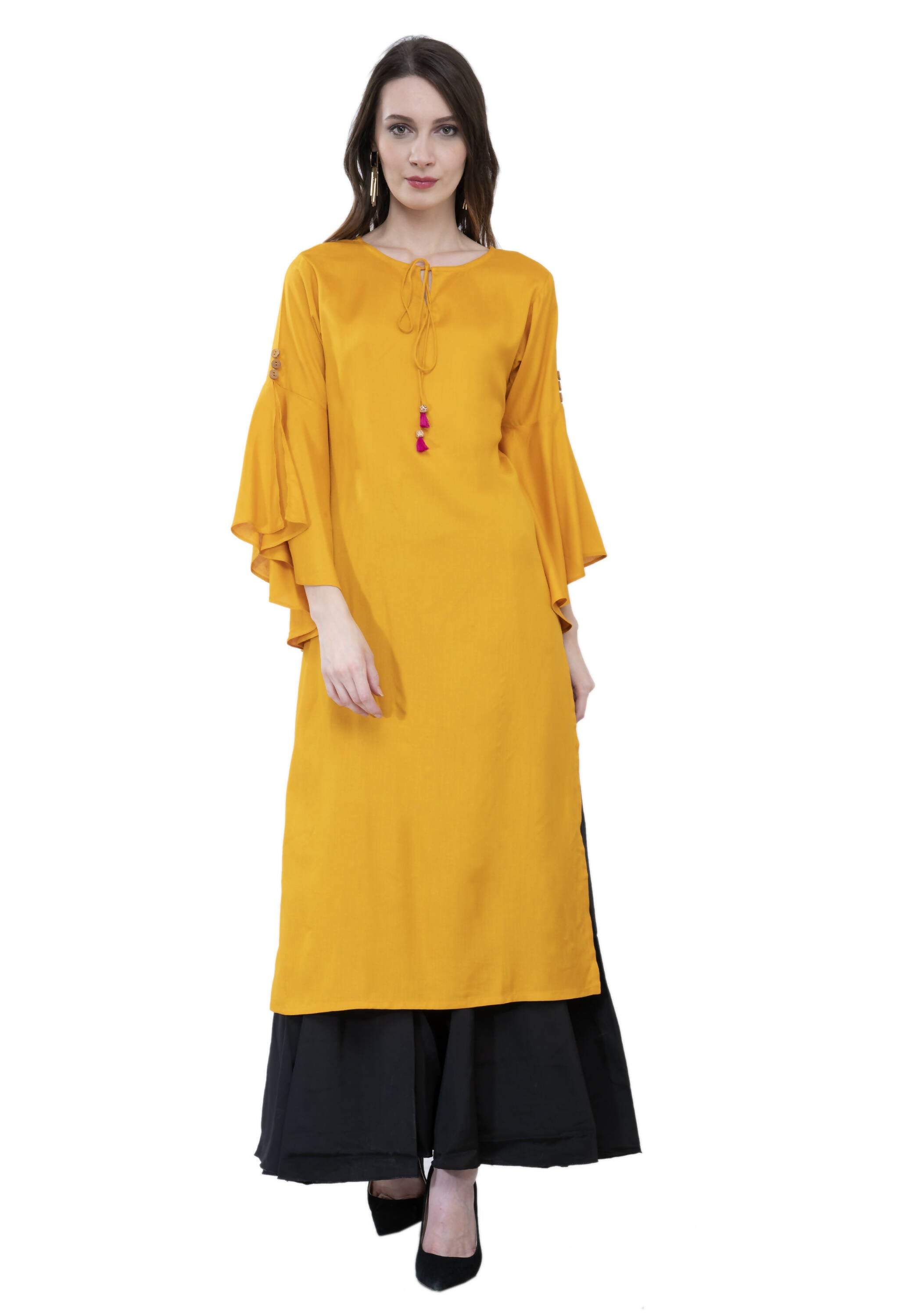 Women's Mustard Round Neck Kurti With Front Neck Opening And Dori, Flared Sleeves - G & A Apparels - Distacart