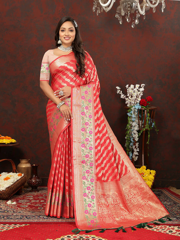Lorenvalley Fashion Red Soft Silk Woven Design with Zari Weaving Leheriya Design Saree - Distacart