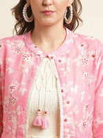 Thumbnail for White Cotton Solid Flared Dress with Printed Shrug - Yukti - Distacart