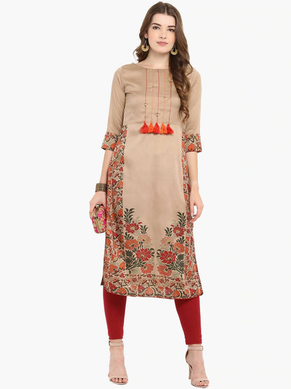 Janasya Brown Printed Straight Kurta - Distacart