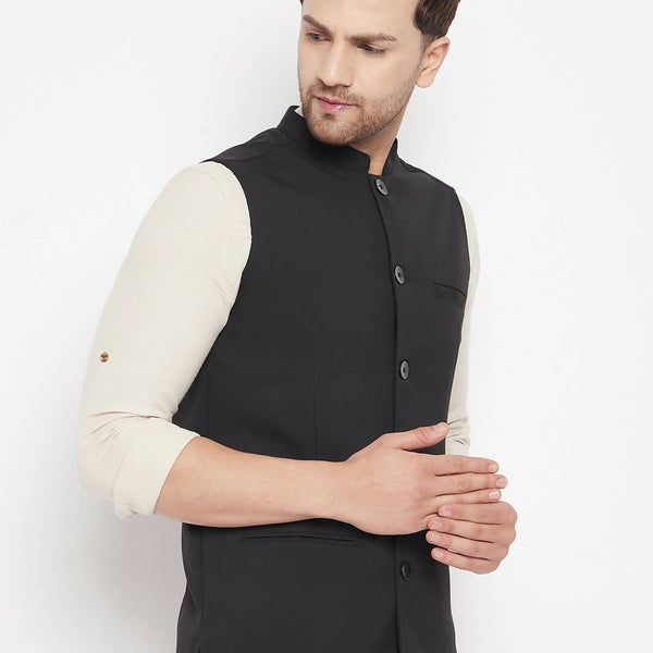 Even Apparels Black Merino Men Woven Nehru Jacket PW668 - Distacart