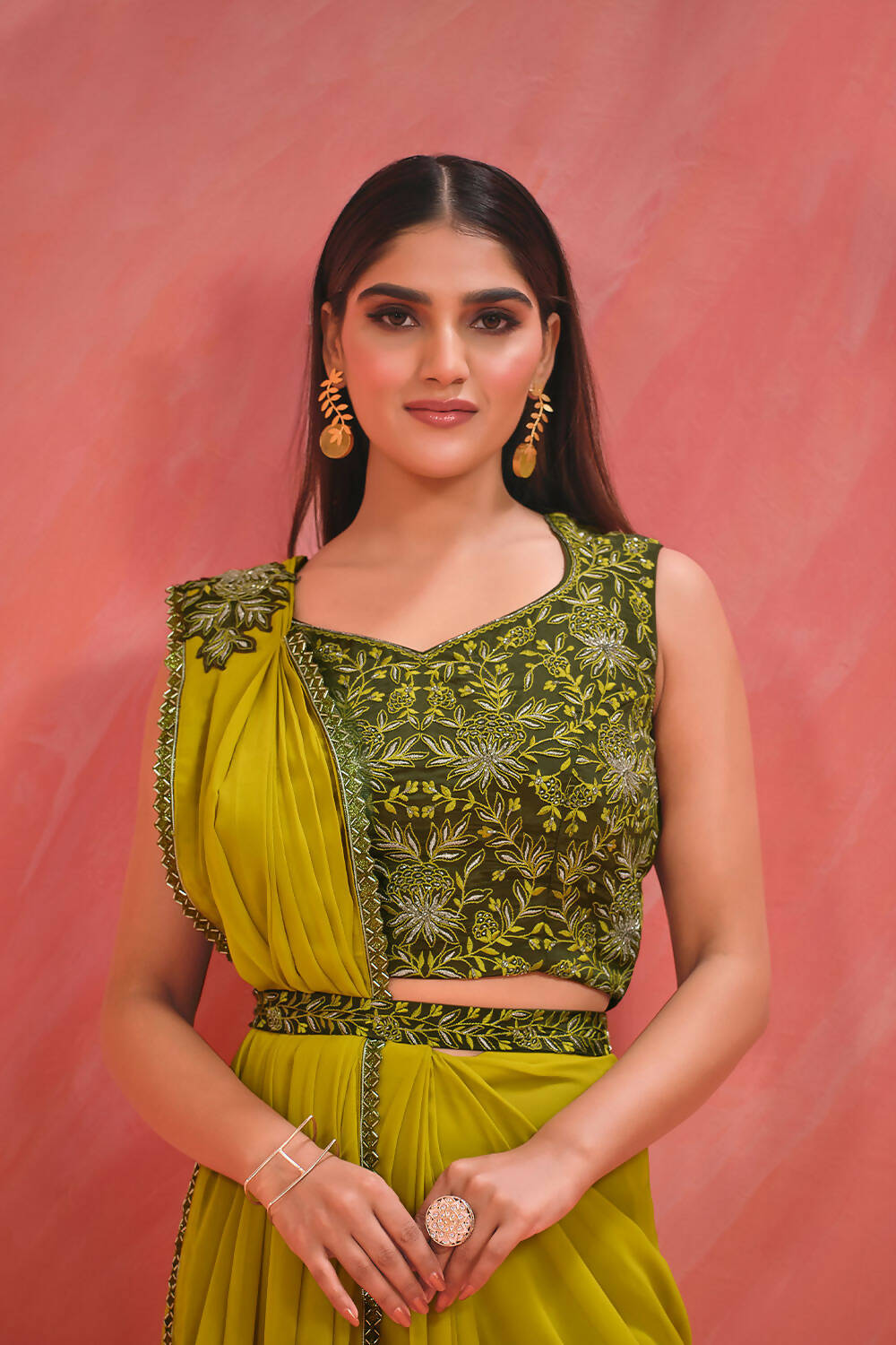 Green Georgette Thread, Jari & Kardana Handwork Saree With Stitched Blouse - Mohmanthan Elegancia - Distacart