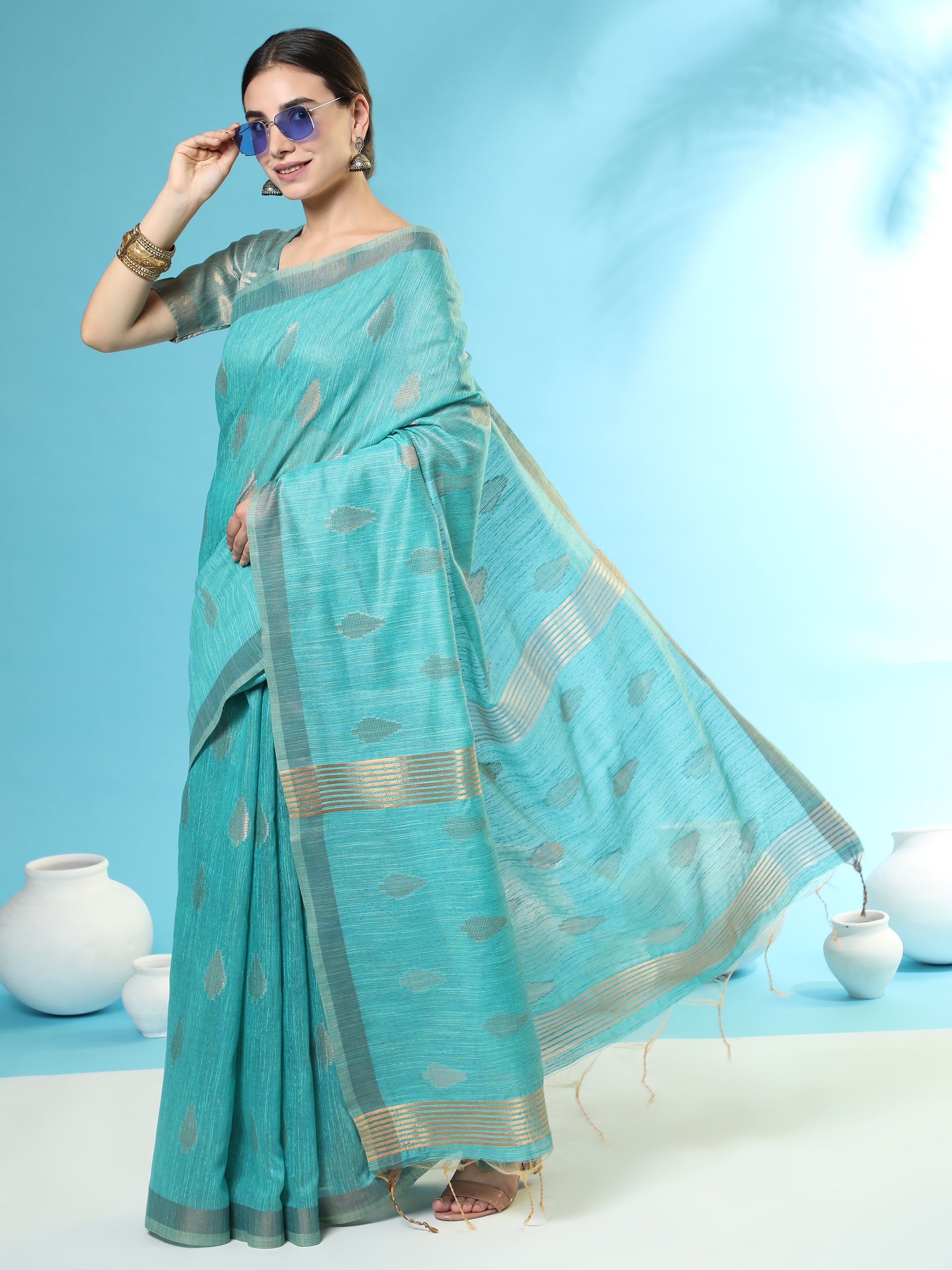 Vishnu Weaves Women's Aqua Handloom Silk Zari Woven Saree with Blouse - Distacart