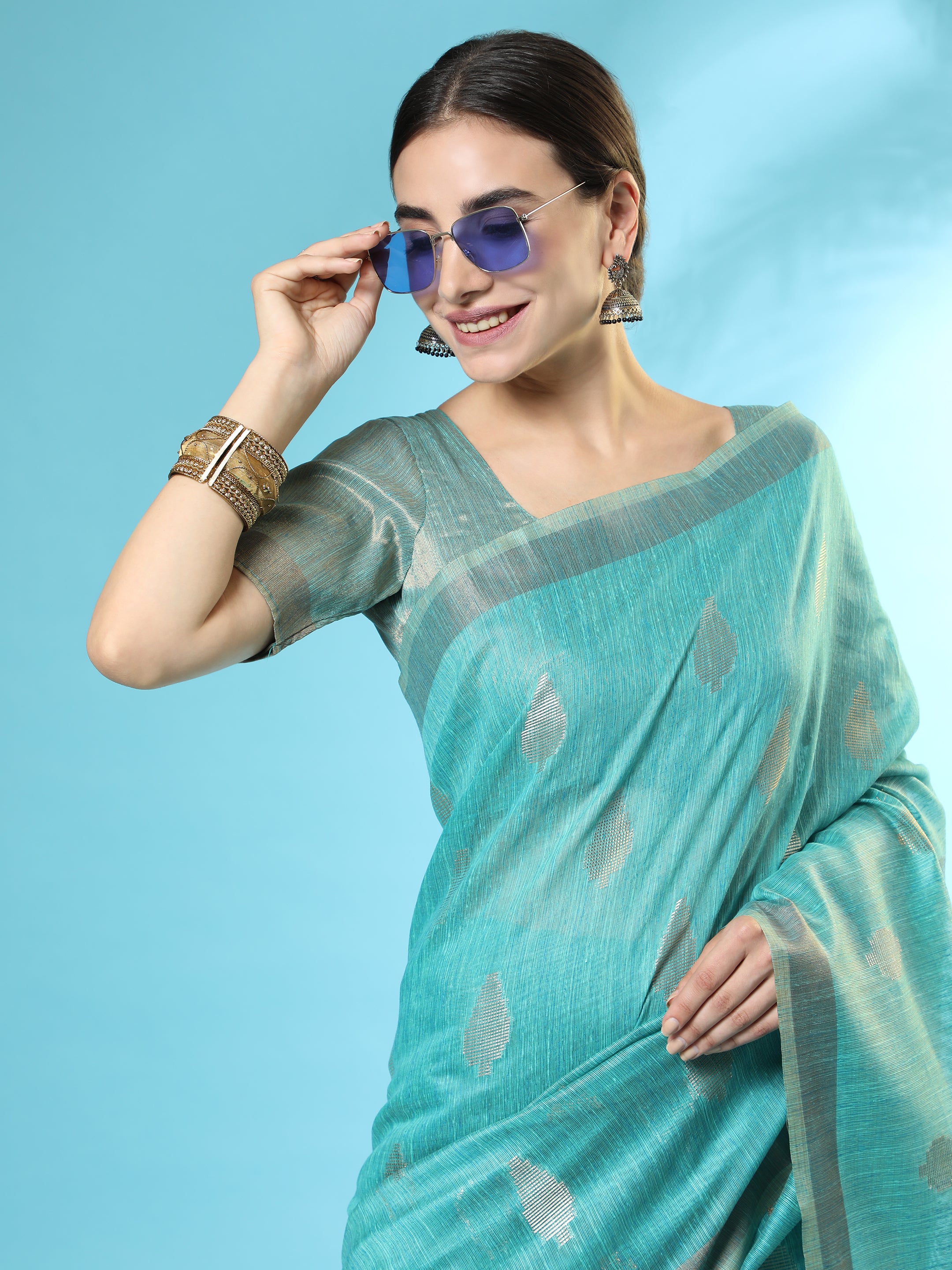 Vishnu Weaves Women's Aqua Handloom Silk Zari Woven Saree with Blouse - Distacart