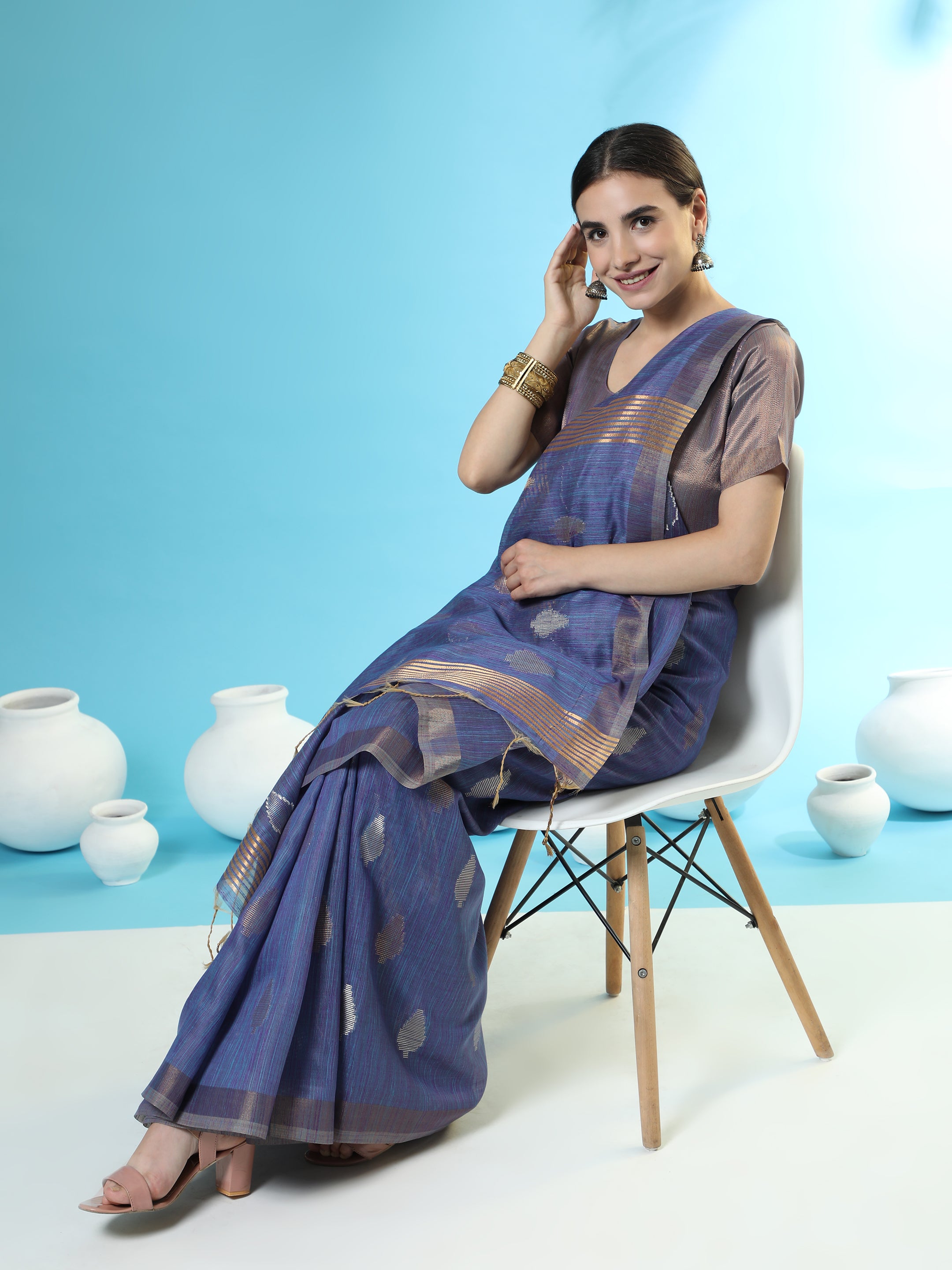 Vishnu Weaves Women's Blue Handloom Silk Zari Woven Saree with Blouse - Distacart