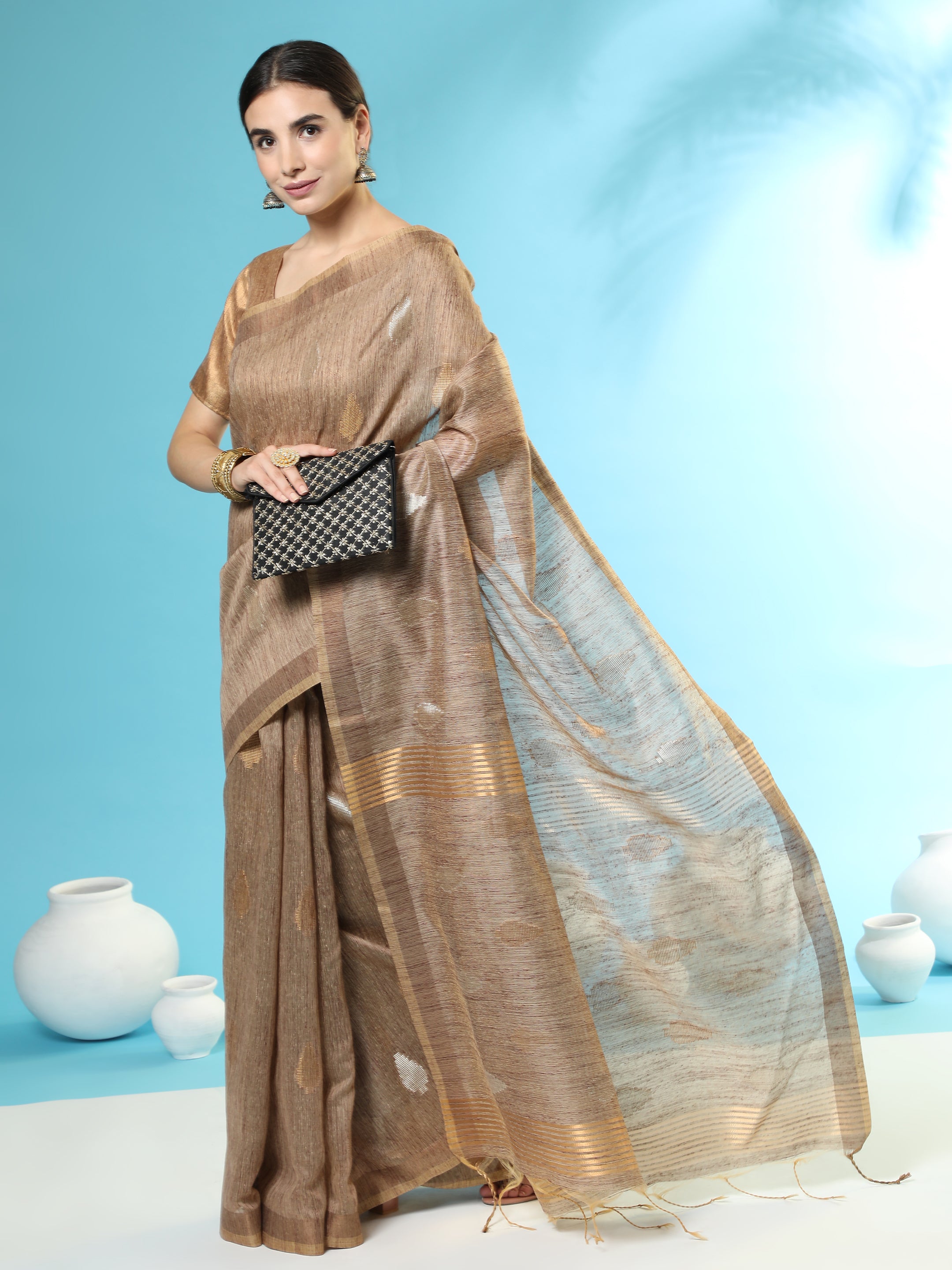Vishnu Weaves Women's Brown Handloom Silk Zari Woven Saree with Blouse - Distacart