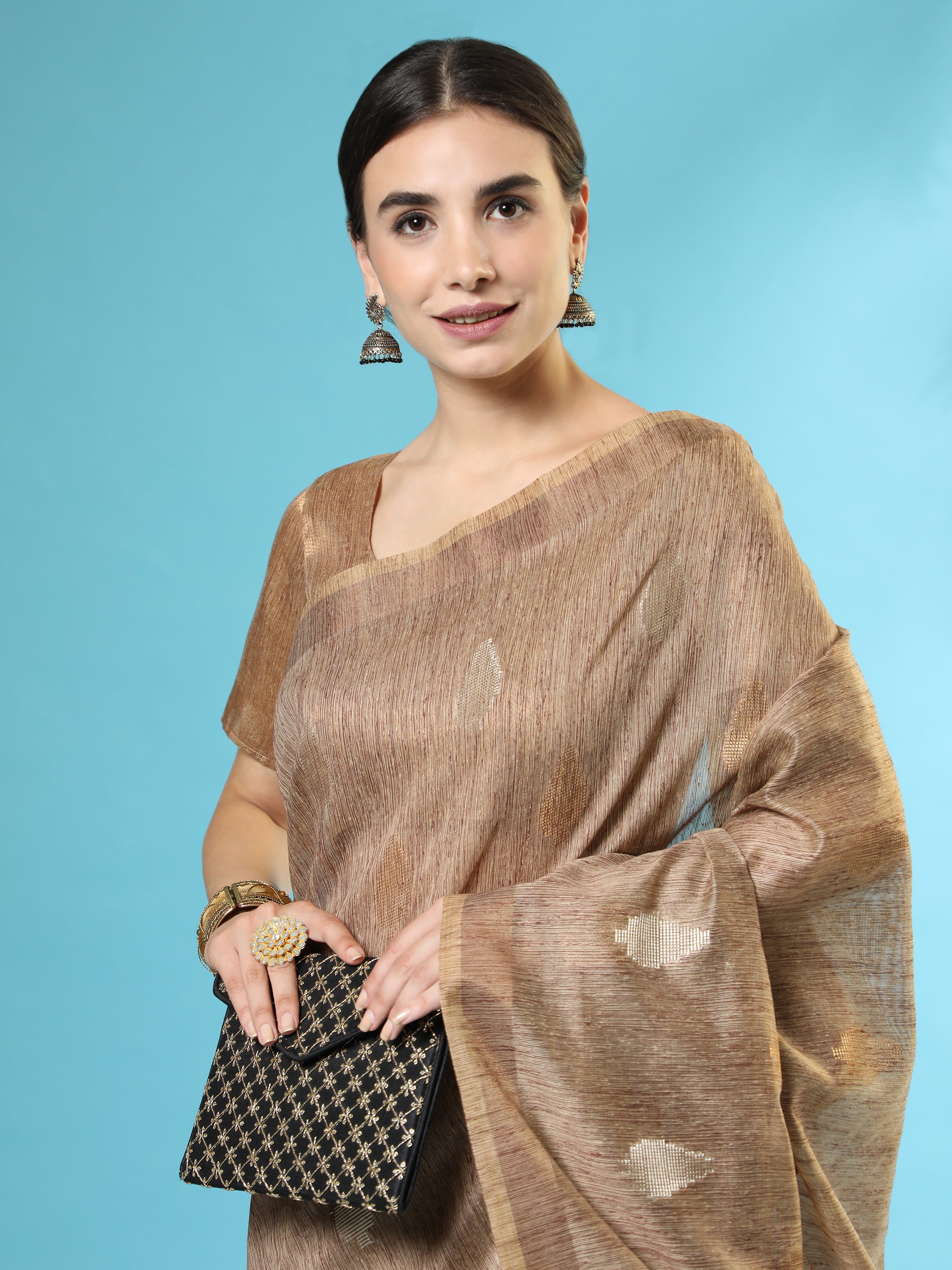 Vishnu Weaves Women's Brown Handloom Silk Zari Woven Saree with Blouse - Distacart