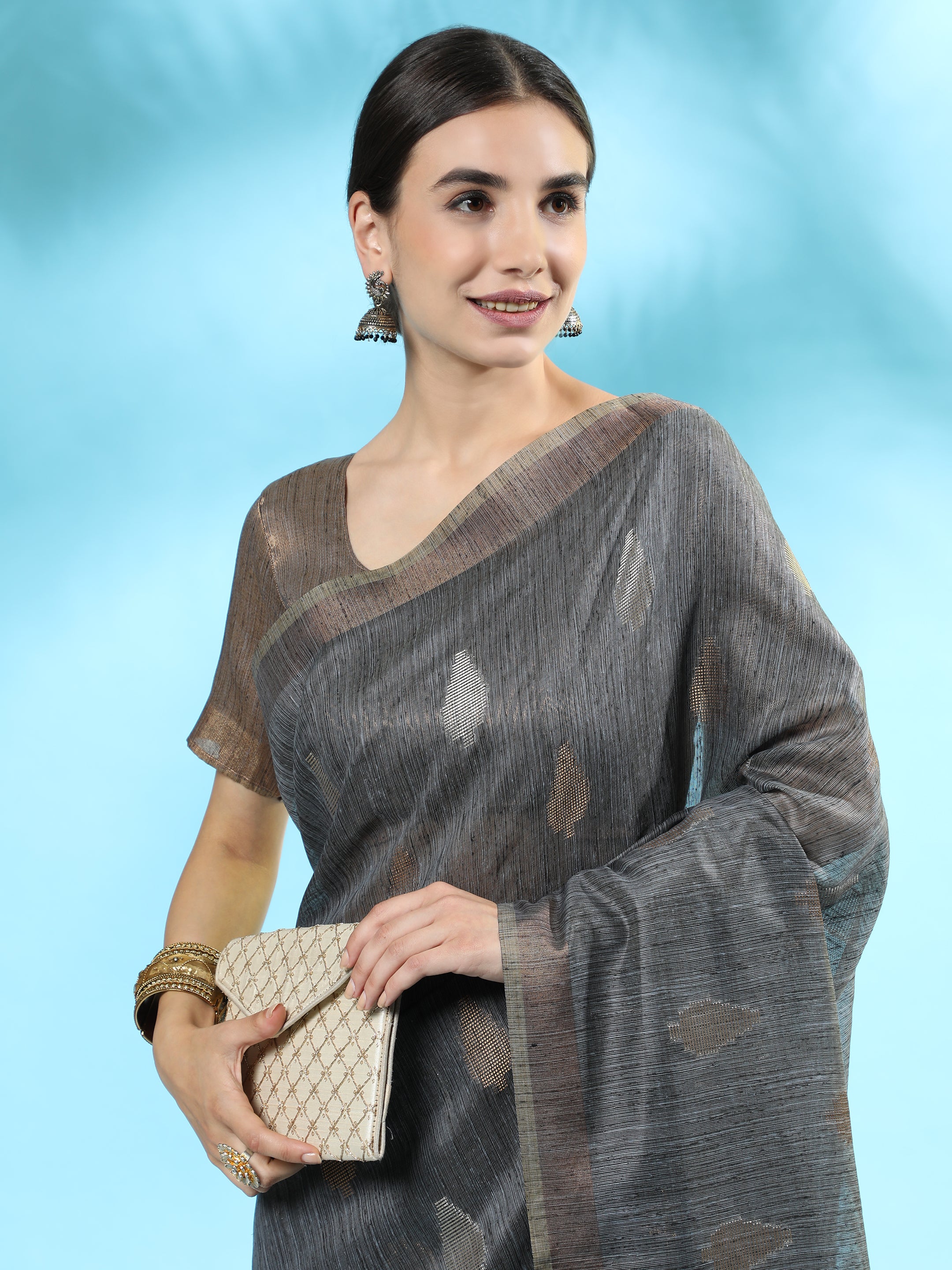 Vishnu Weaves Women's Dark Grey Handloom Silk Zari Woven Saree with Blouse - Distacart
