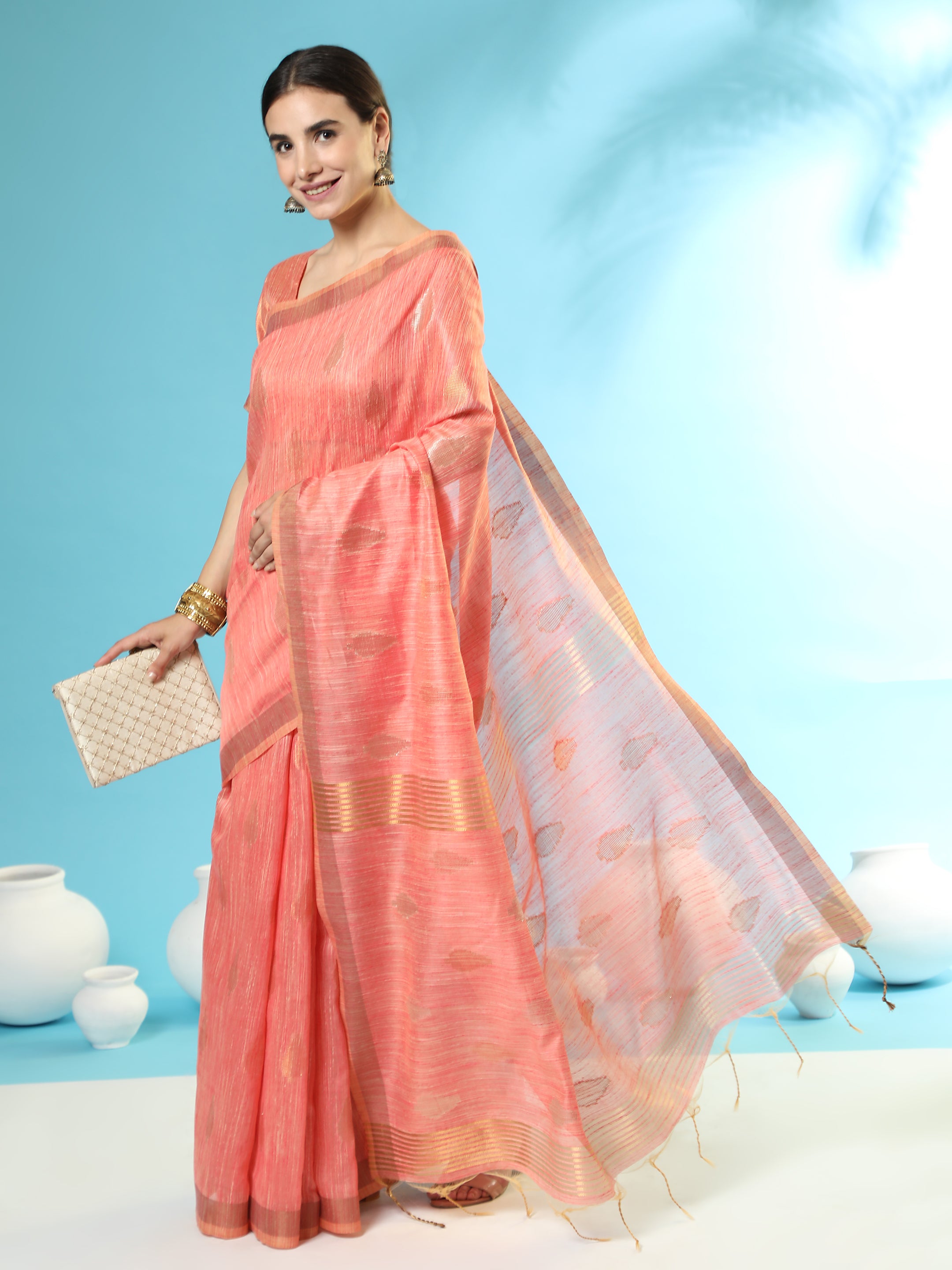 Vishnu Weaves Women's Orange Handloom Silk Zari Woven Saree with Blouse - Distacart