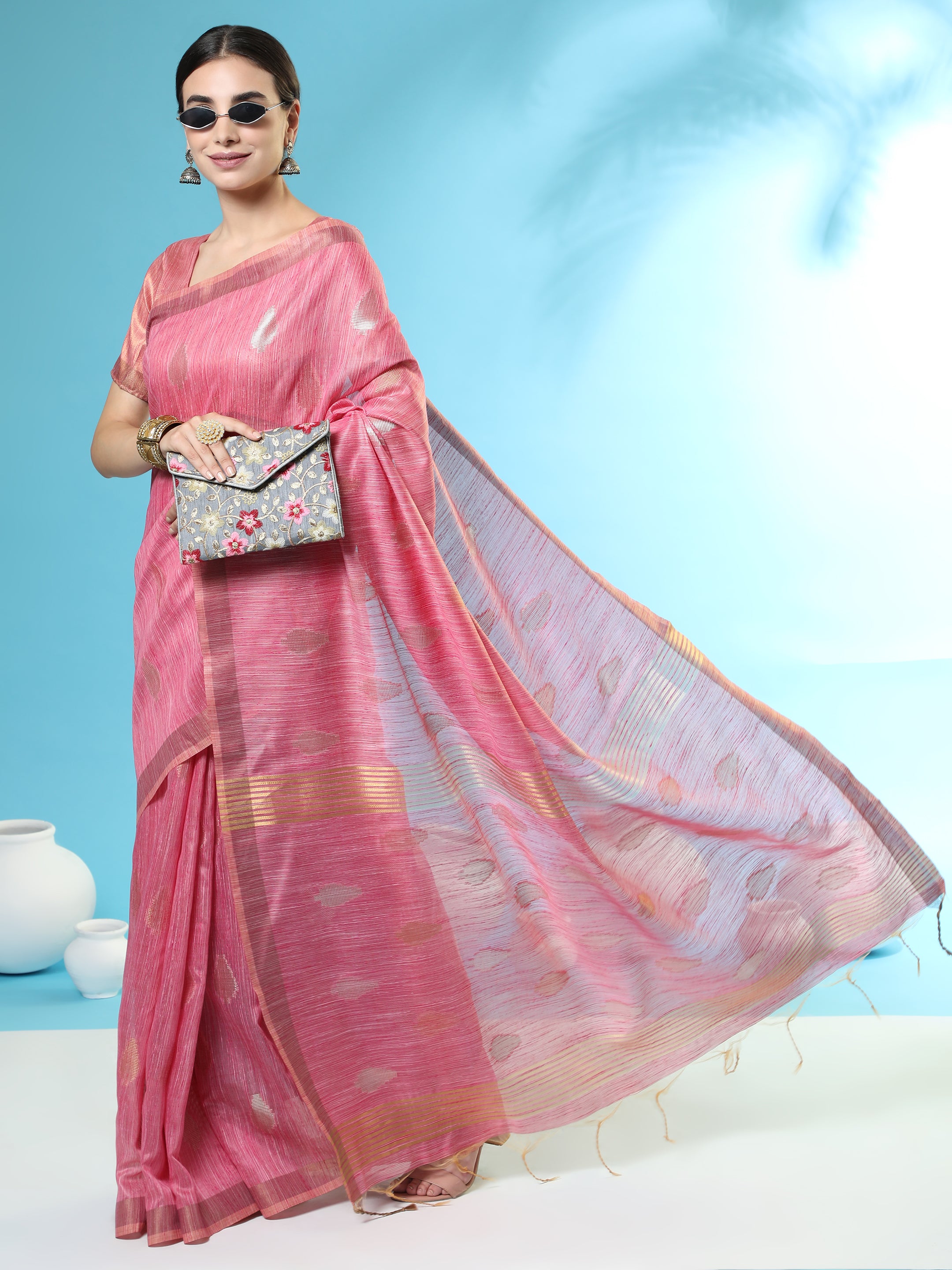Vishnu Weaves Women's Pink Handloom Silk Zari Woven Saree with Blouse - Distacart