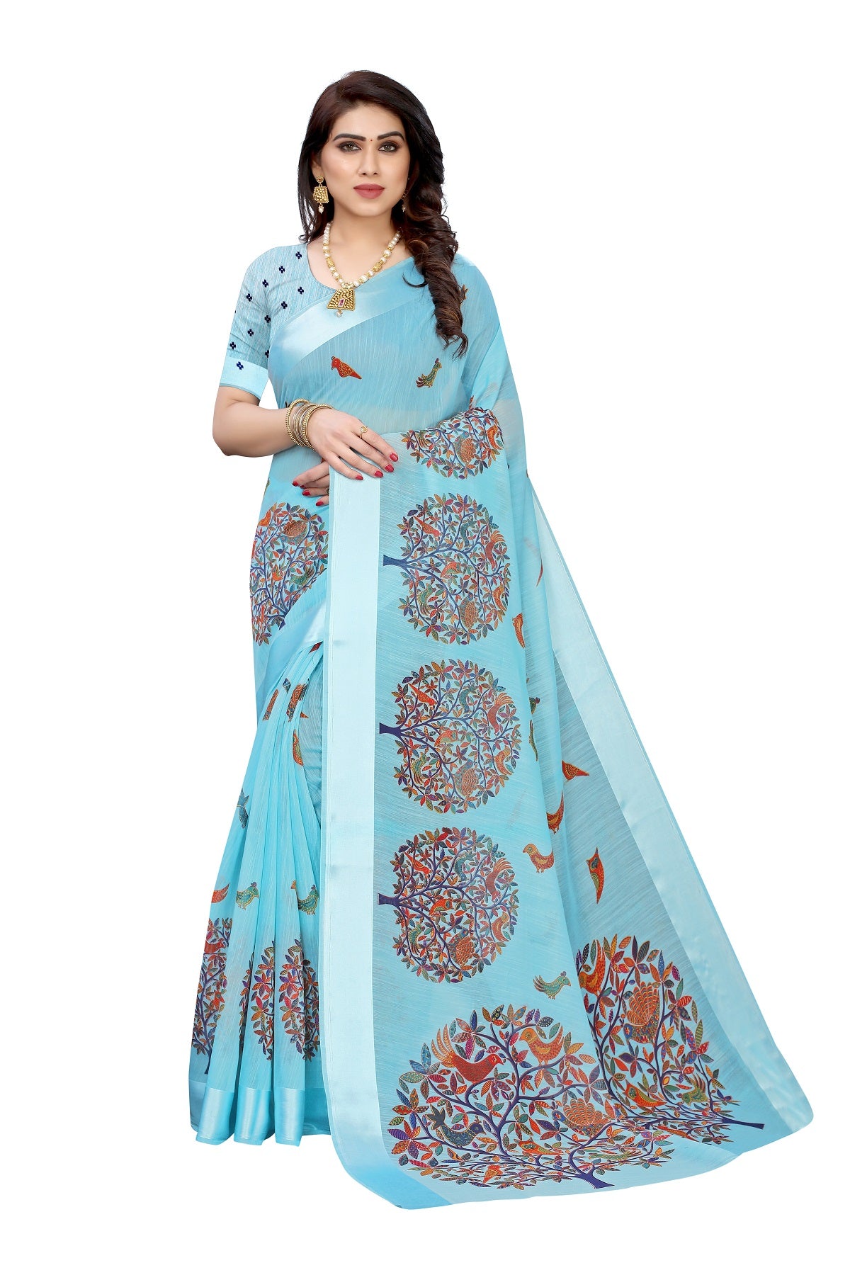 Vamika Linen Satin Border Sky Blue Bollywood Style Saree - Distacart
