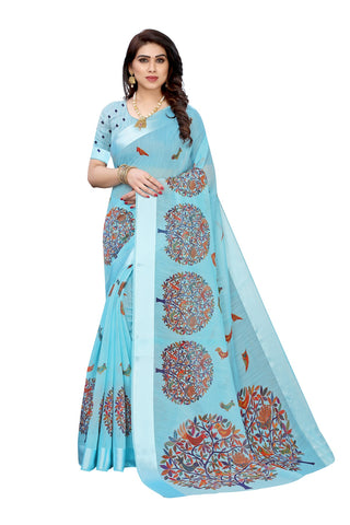 Vamika Linen Satin Border Sky Blue Bollywood Style Saree - Distacart