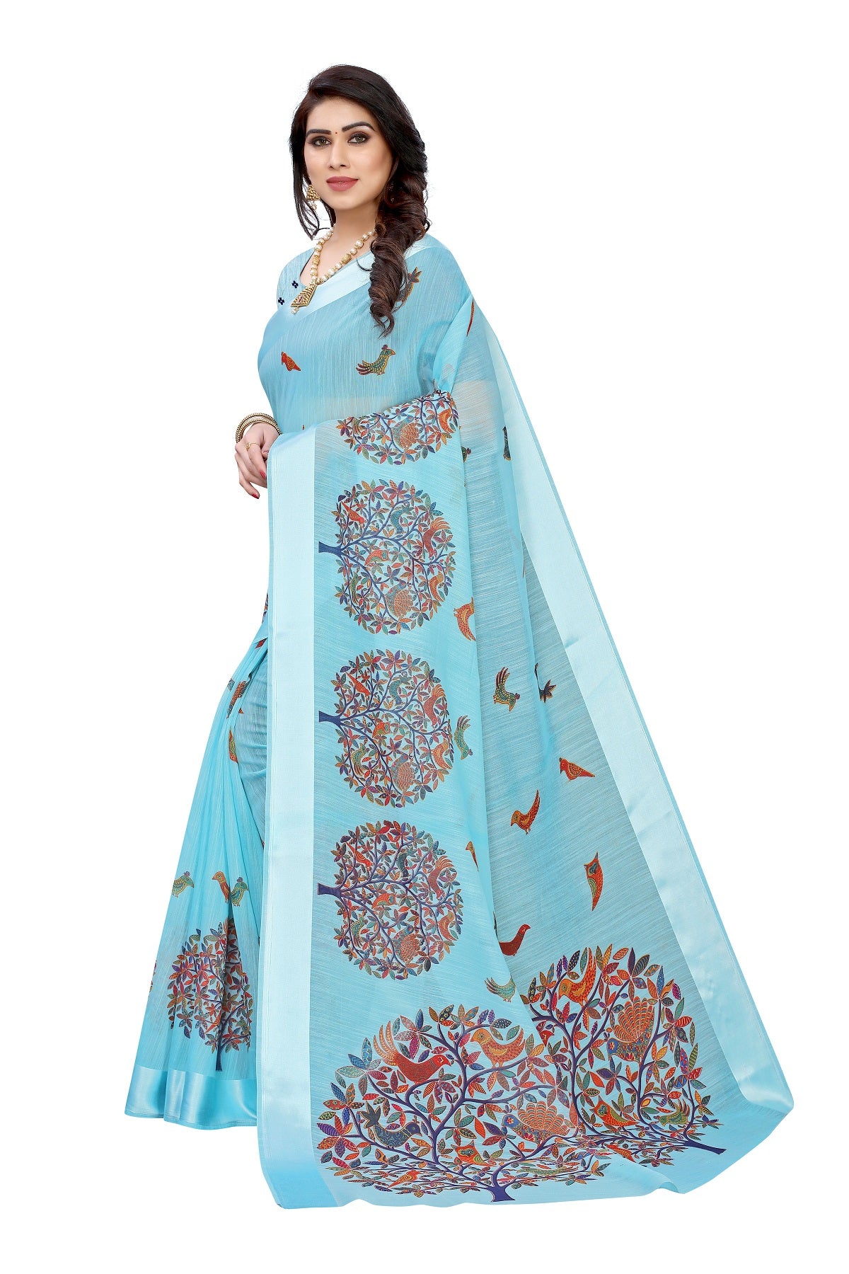 Vamika Linen Satin Border Sky Blue Bollywood Style Saree - Distacart