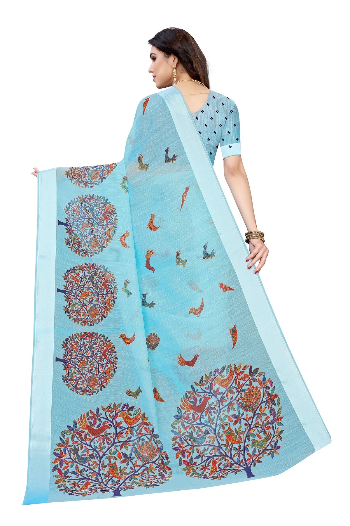 Vamika Linen Satin Border Sky Blue Bollywood Style Saree - Distacart