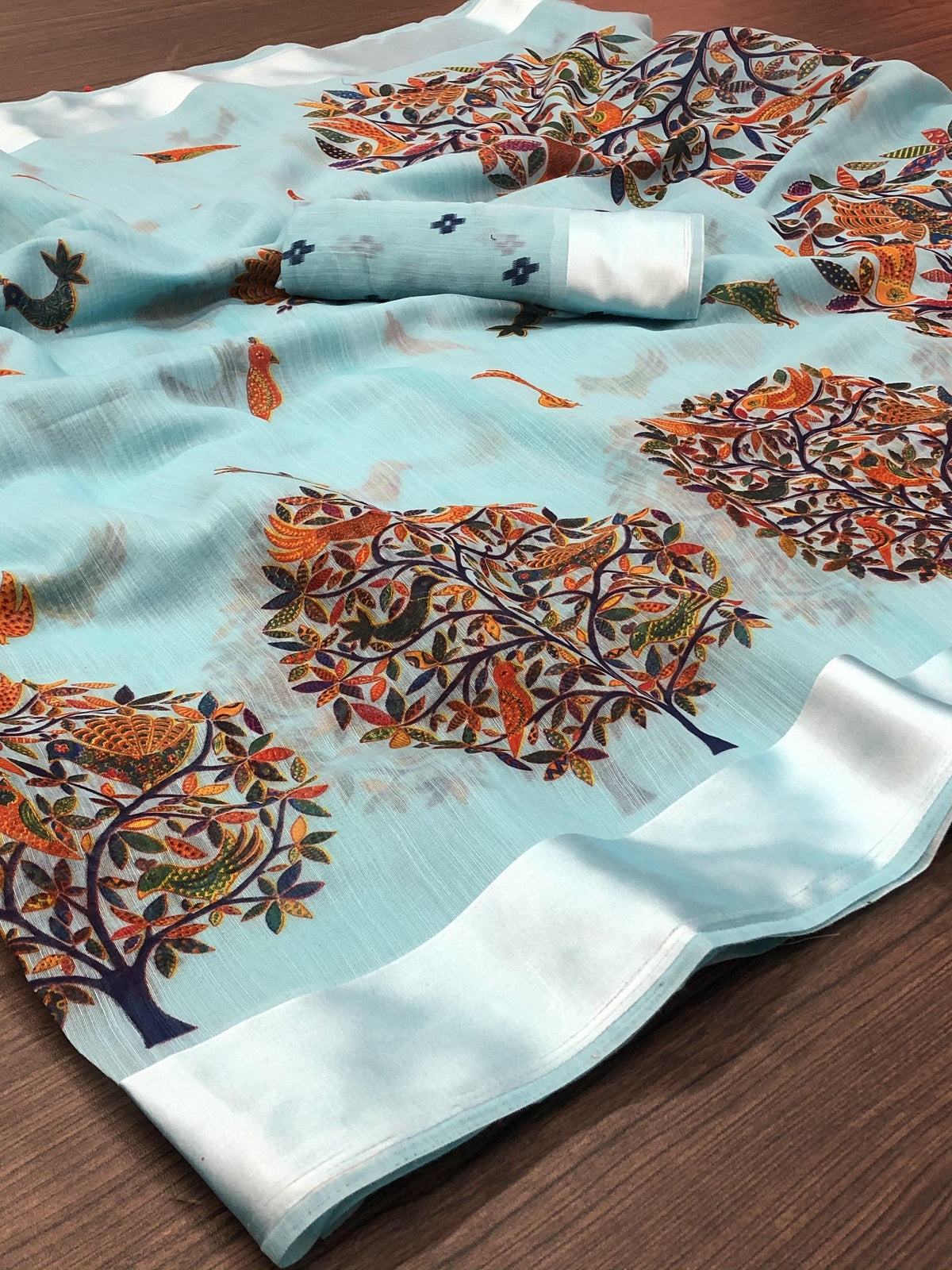 Vamika Linen Satin Border Sky Blue Bollywood Style Saree - Distacart