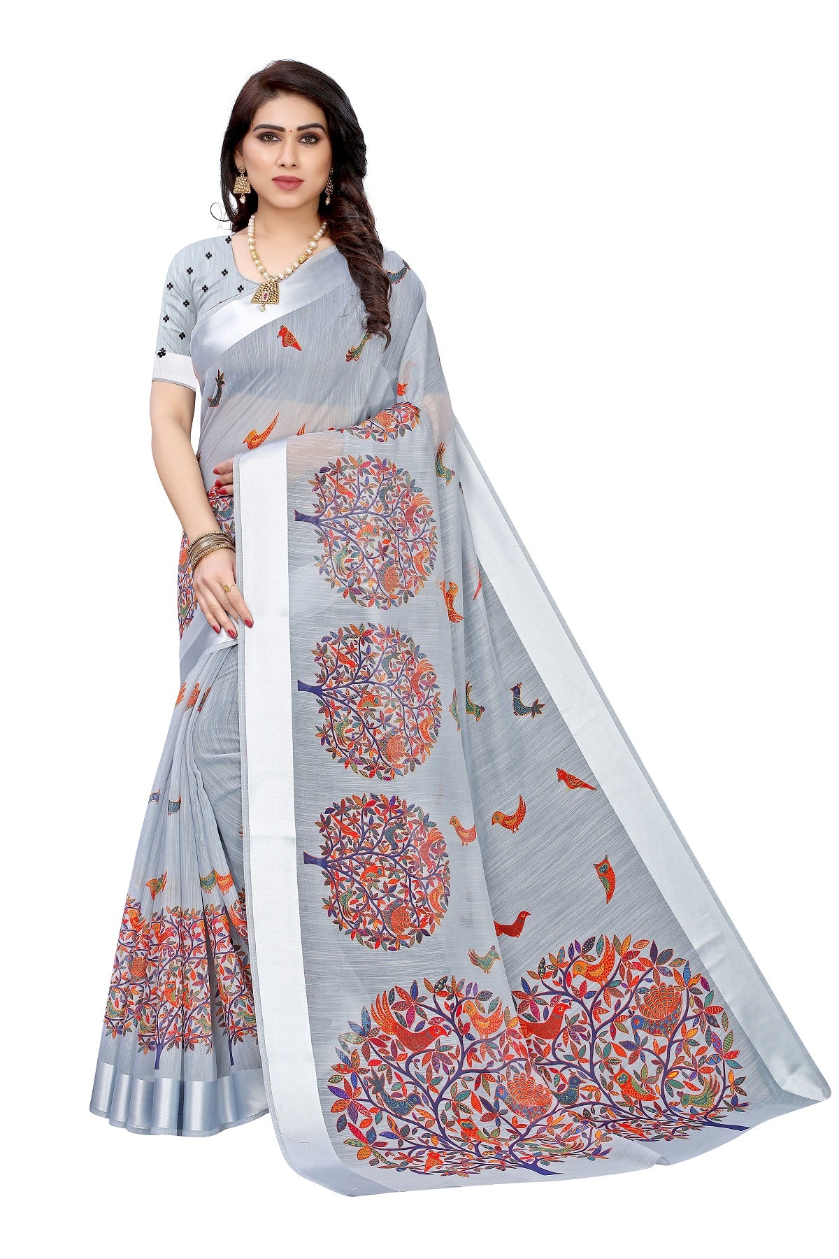 Vamika Linen Satin Border Grey Bollywood Style Saree - Distacart