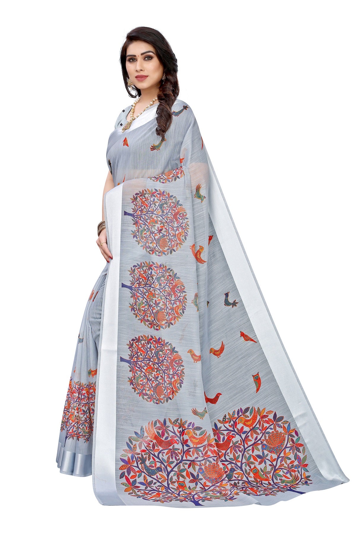 Vamika Linen Satin Border Grey Bollywood Style Saree - Distacart