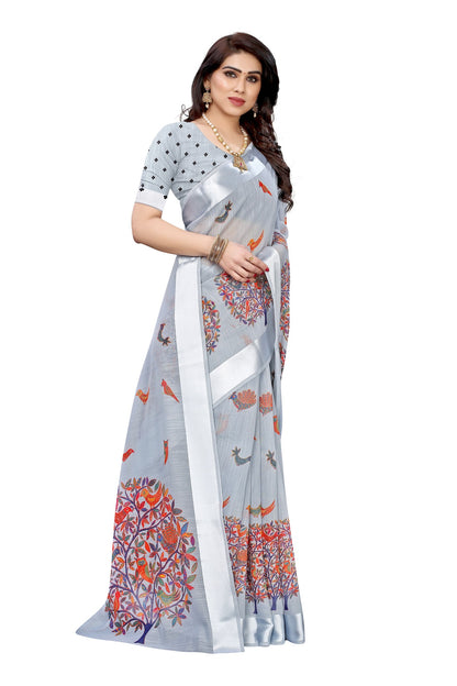 Vamika Linen Satin Border Grey Bollywood Style Saree - Distacart